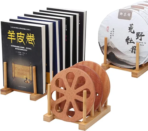 Vista 4 de Juego de 4 escurridor de madera de bambú para platos y escurridor, soporte de almacenamiento para guardar platos, tazones, libros
