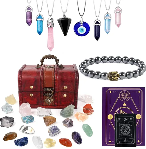 Vista 10 de Juego de 14 piedras de cristal curativo para chakras, con caja de madera de regalo para principiantes, meditación, reiki, yoga, colección