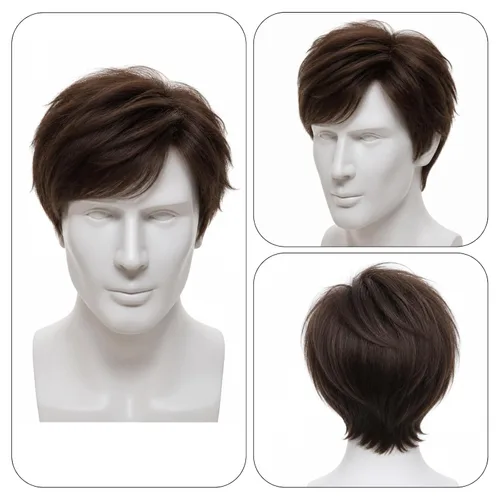 Vista 4 de Peluca corta marrón para hombre, parte lateral natural, sintética