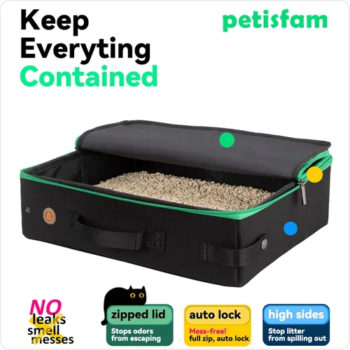 Vista 3 de Arenero portátil de viaje para gatos con tapa para contener arena y olor. Fácil de transportar, limpiar y almacenar. Ideal para viajes en auto