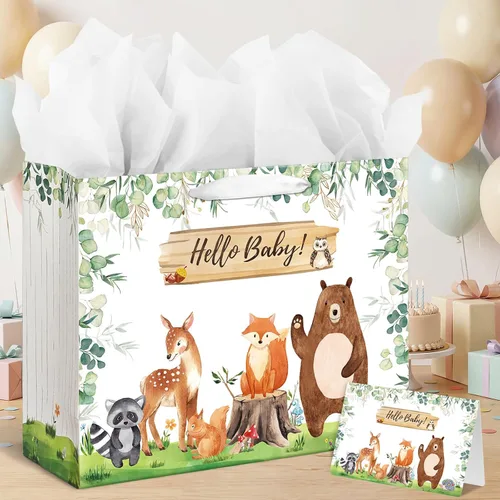 Vista 5 de Laidans Bolsa de regalo de 16.5 pulgadas para baby shower o cumpleaños con asa, papel de seda y tarjeta de felicitación