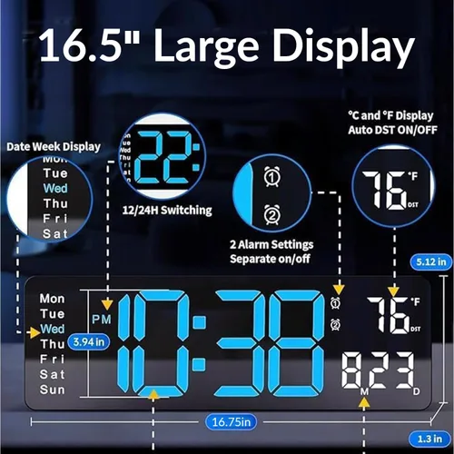 Vista 2 de Reloj de pared digital LED grande de 16.5 pulgadas con brillo automático, retroiluminación RGB, alarma doble, pantalla de temperatura y humedad