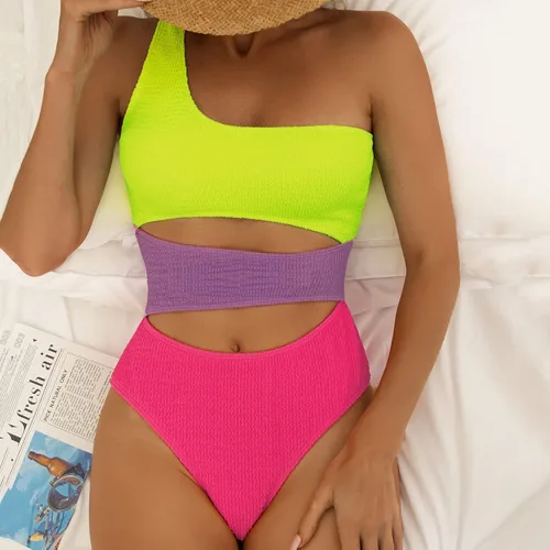 Vista 3 de Summer Bathing Suit Slim Fit Three-Color Combination One Shoulder Padded Summer Monokini Water Sports Clothes