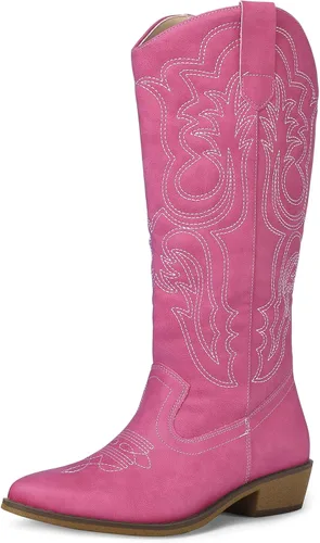 Vista 10 de mysoft Botas vaqueras para mujer de media pantorrilla bordadas estilo occidental de punta puntiaguda con tacón grueso tipo pull-on hasta la rodilla