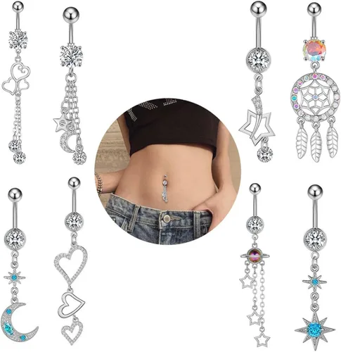 Vista 8 de HETICA Anillos de ombligo para mujeres y niñas, 8 anillos de ombligo de 14 G, estrella, luna, atrapasueños, barra, piercing para el cuerpo, joyería