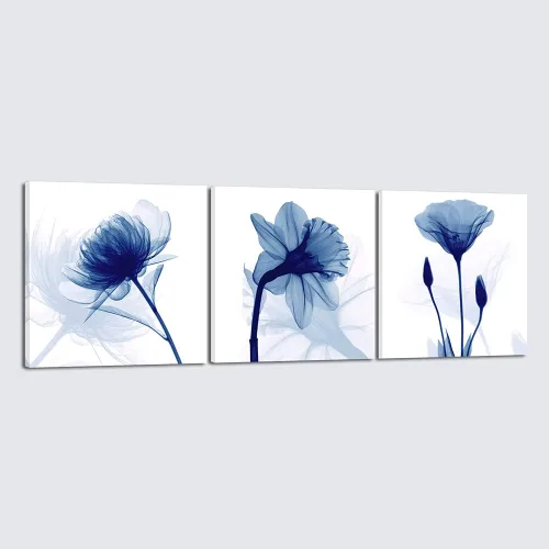 Vista 10 de Wieco Art – Flores abstractas azules enmarcadas, 3 paneles, impresiones en lienzo, arte de pared moderno, diseños artísticos para sala de estar