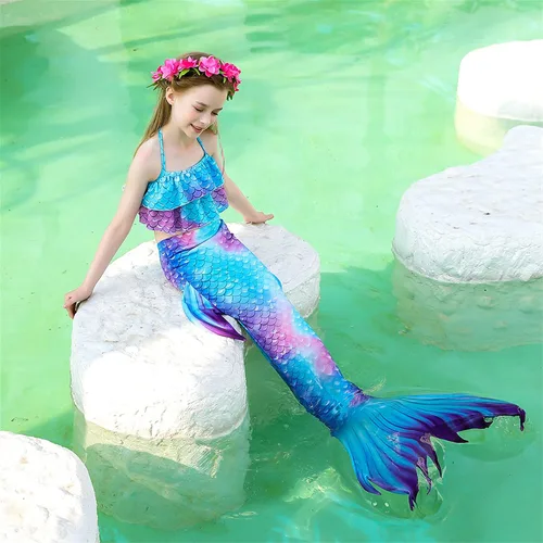 Vista 4 de Conjuntos de sirena de natación para niños, disfraz de sirena para niñas