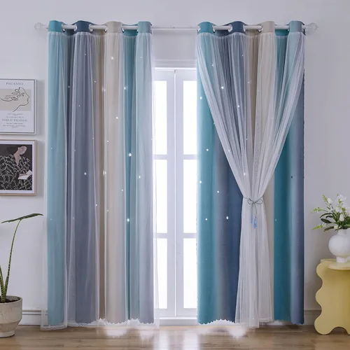 Vista 8 de Cortinas Opacas de Arcoíris Ombré para Dormitorio de Niñas, Sala de Estar, Rayas Oscurecedoras de Doble Capa con Cortes de Estrellas, Decoración