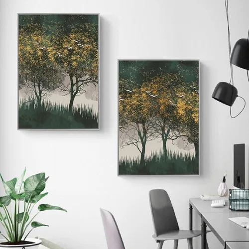 Vista 4 de Estilo nórdico, paisaje de bosque, pájaros voladores, punto dorado, luz de lujo, lienzo, imágenes artísticas de pared, carteles de decoración