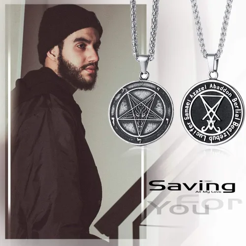 Vista 2 de Jakob Miller Collar con colgante de cruz de Satán Leviatán de acero inoxidable para hombres y mujeres, joyería con símbolo de brimstone