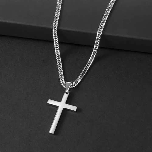 Vista 4 de Tuewut Collar de cruz para hombre, collar con colgante de cruz lisa de acero inoxidable plateado y dorado para hombre, cadena cubana de 18 a 26