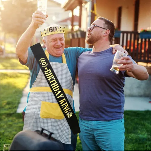 Vista 3 de Corona de rey de cumpleaños número 60 y banda de rey de cumpleaños, regalos de cumpleaños 60 para hombres, decoración de fiesta de cumpleaños