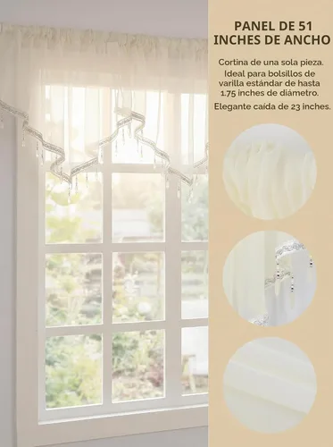 Vista 5 de Molaxhome - Cortina festoneada con cenefa de cortina traslúcida, panel de encaje transparente, 1 unidad Transpirable, bolsillo para barra, cuentas