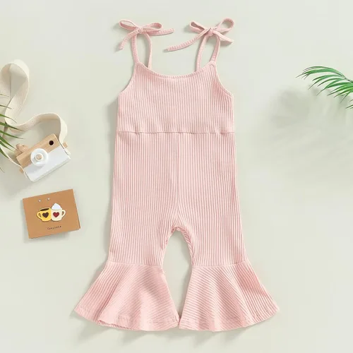 Vista 3 de Mubineo Mameluco básico de verano para niña pequeña, de punto liso, sin mangas, con parte inferior acampanada