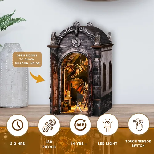 Vista 2 de Kit de rincón de libros de bricolaje con luces LED, rompecabezas de madera 3D para adultos (laberinto del tesoro del dragón)