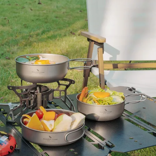 Vista 9 de iBasingo Juego de 3 piezas de ollas de titanio para acampar con mango plegable, juegos de ollas de cocina para campamento al aire libre