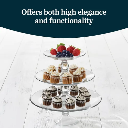 Vista 4 de Libbey Selene Juego de Soporte de Servicio de 3 Niveles, Elegante Soporte de Postre de Vidrio de Estilo Curvo, Soporte de Postre de 3 Niveles Apto