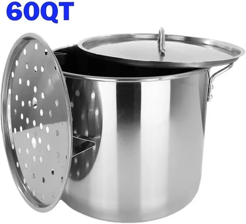 Vista 2 de Olla de acero inoxidable de 60 cuartos de galón de vapor Vaporera Tamalera para tamales (15 galones) altura 16.5 pulgadas de diámetro 18.5 pulgadas