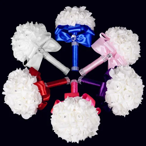 Vista 3 de Ramilletes de boda para novia en blanco, ramo de boda para dama de honor, ramos para dama de honor con flores para decoración de boda (Azul+Blanco)