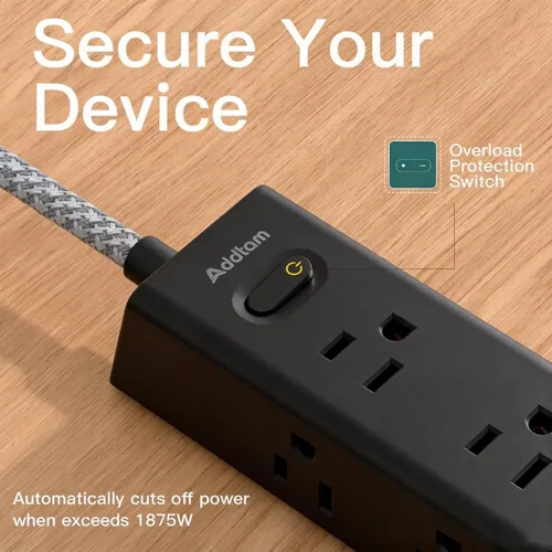 Vista 7 de Addtam Regleta protectora de sobretensiones negra con 12 salidas de CA y 4 puertos USB, cable de extensión de 5 pies, montaje en pared de enchufe