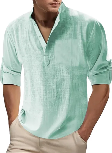 Vista 11 de Camisa de lino para hombre, manga larga, Henley, casual, verano, grande, alta, algodón, ligera, para negocios, trabajo, vacaciones, crucero