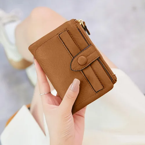 Vista 3 de Carteras pequeñas de triple pliegue para mujer, carteras Rfid para mujer, billeteras plegables de cuero para mujer, portatarjetas compactas