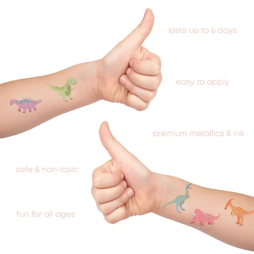 Vista 4 de Flash Tattoos Juego variado de tatuajes de dinosaurio para niños 25 tatuajes temporales envueltos individualmente Suministros para fiestas