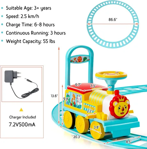 Vista 7 de GLACER Tren de paseo con 16 pistas para niños, juguete eléctrico con luces y sonidos, caja de almacenamiento debajo del asiento y pedales Azul