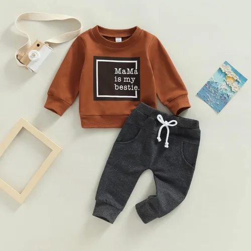Vista 2 de Conjunto de 2 piezas de ropa de manga larga con estampado de letras, sudadera sin botones, pantalones largos con cordón, para otoño e invierno
