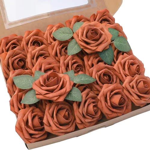 Vista 60 de Floroom Flores artificiales, 25 piezas de rosas falsas de espuma dorada antigua de aspecto real con tallos para ramos de boda DIY, centros de mesa