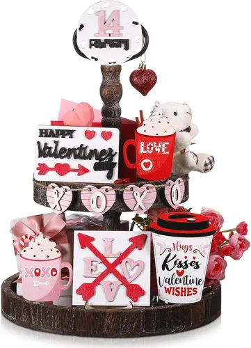 Vista 8 de Patelai Juego de decoración de bandeja escalonada para el día de San Valentín, letreros de madera para mesa de San Valentín, diseño de corazón