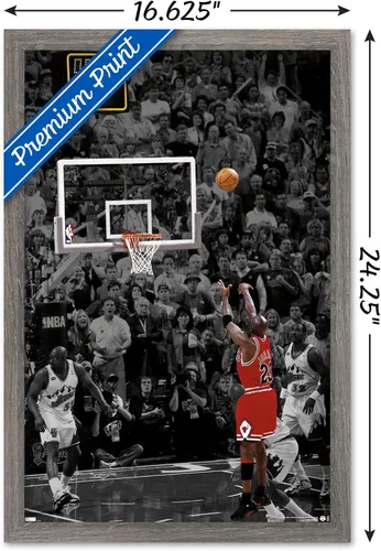 Vista 3 de Trends International Michael Jordan - Póster de pared The Shot, 22.4 pulgadas de largo x 14.7 pulgadas, versión enmarcada en madera de granero