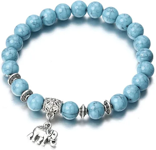 Vista 5 de ZALING - Pulsera elástica con cuentas de piedra natural cadena de turquesa sintética colgante de elefante para mujer