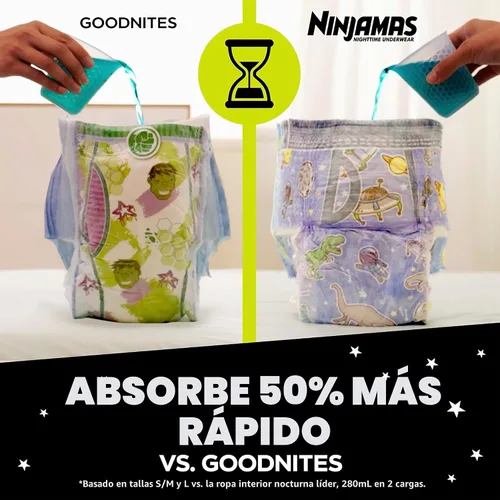 Vista 6 de Ninjamas Ropa interior nocturna para niños, talla S/M (38-70 libras), 14 unidades, protección durante la noche, ultra absorbente, hipoalergénica