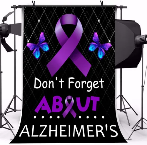 Vista 2 de No te olvides del telón de fondo de la enfermedad de Alzheimer, cinta morada, decoración de cabina de fotos, protección contra el Alzheimer, fondo