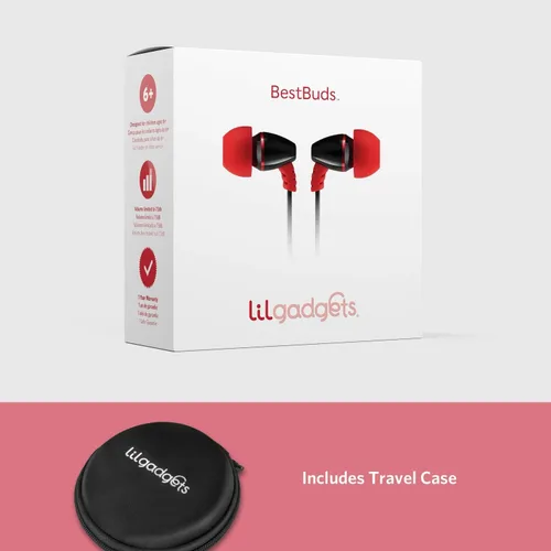 Vista 7 de LilGadgets BestBuds - audífonos que se introducen en el oído, con volumen limitado, con micrófono, para niños (con funda para guardar), Negro/Rojo