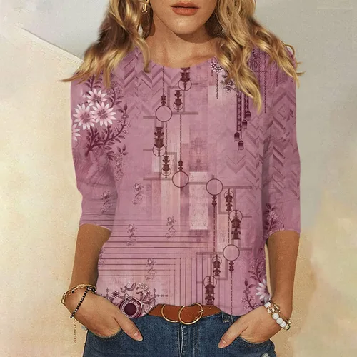 Vista 2 de 34 Length Sleeve Womens Tops Boho Floral Graphic Print Shirts Blouses Casual Vintage 2023 Fall Fashion T Shirt