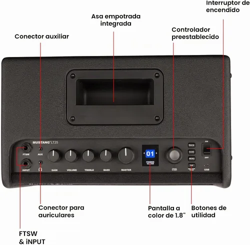 Vista 7 de Fender Mustang LT25 - Amplificador combinado de guitarra con cable y paquete exclusivo de púas de 12 piezas de Austin Bazaar