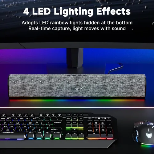 Vista 5 de SOULION R100 Altavoces de computadora Bluetooth con luz LED dinámica, altavoces de PC USB Plug & Play con botón de interruptor, barra de sonido