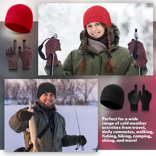 Vista 5 de 6 gorros cálidos de invierno con forro polar y guantes térmicos antideslizantes para pantalla táctil