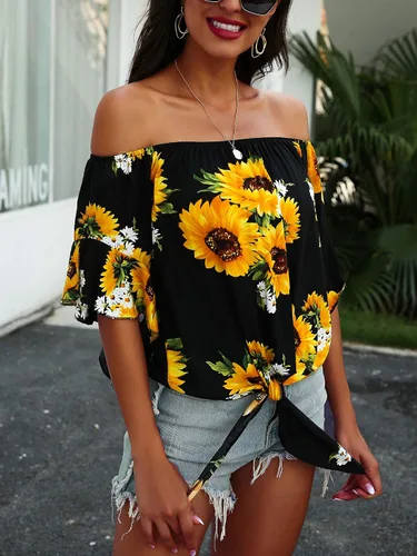 Vista 4 de Hibluco - Jersey elástico para mujer con hombros descubiertos, manga acampanada, cuello alto