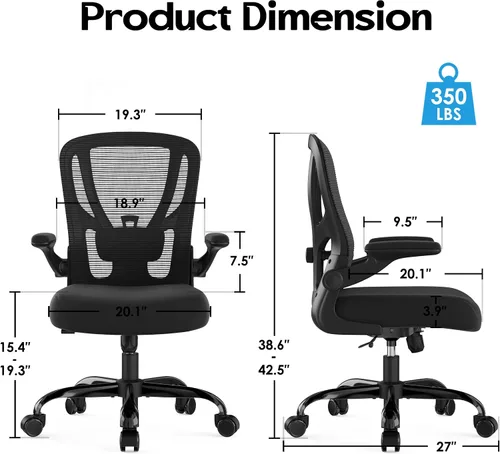 Vista 3 de Silla de oficina ergonómica de escritorio, silla de computadora de malla, silla de trabajo transpirable con ruedas, soporte lumbar ajustable, sillas