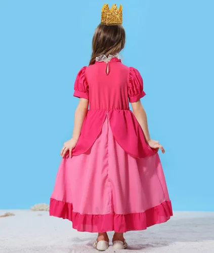 Vista 5 de Luzlen Princess Peach Costume for Girls Kids Toddler Princess Peach Cosplay Dress With Accessories Halloween Birthday Outfits