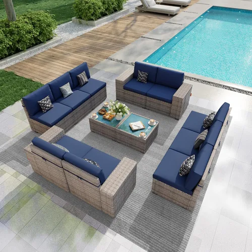 Vista 19 de Juego de muebles de patio de 6 piezas, sofá modular para exteriores con reposabrazos anchos, sofá de grupo de asientos de mimbre con mesa auxiliar