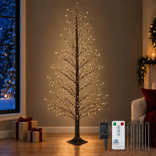 Vista 10 de Árbol de abedul iluminado de 7 pies, 1000 luces LED multicolor con luces parpadeantes, modos parpadeantes o constantes, alambre de alta densidad