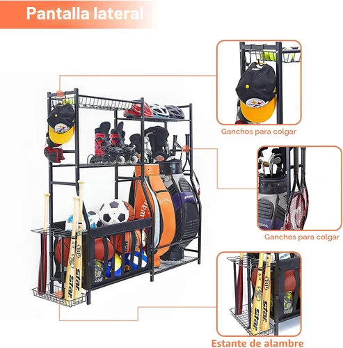 Vista 5 de WALMANN Organizador de equipo deportivo de garaje, soporte para bolsa de golf para almacenamiento de pelotas de garaje, estante de almacenamiento
