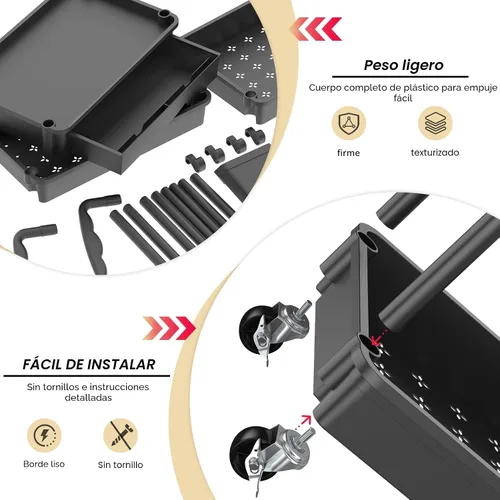 Vista 3 de Goovilla Organizador de carrito utilitario de 3 niveles con cajón extraíble, carritos de almacenamiento rodantes negros estables y resistentes con 2