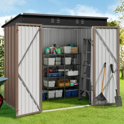Vista 9 de Gizoon Cobertizo de almacenamiento para exteriores de 8 x 6 pies, cobertizo de jardín de metal galvanizado con puertas dobles con cerradura, Marrón