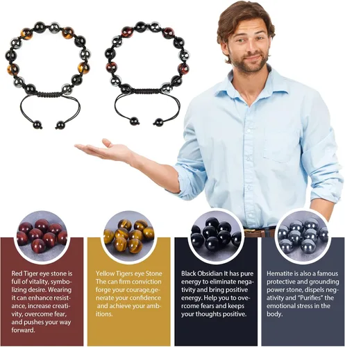 Vista 2 de SAMXY Triple Protection Bracelet, 8mm Healing Crystal Bead Bracelet, 3pcs Blue Red Tiger's Eye Obsidian Hematite Bracelet Women Men