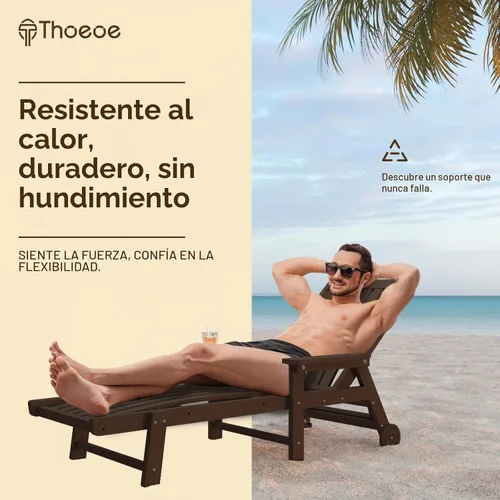 Vista 4 de THOEOE Juego de 2 tumbonas para exteriores, silla de piscina HDPE, color Marrón